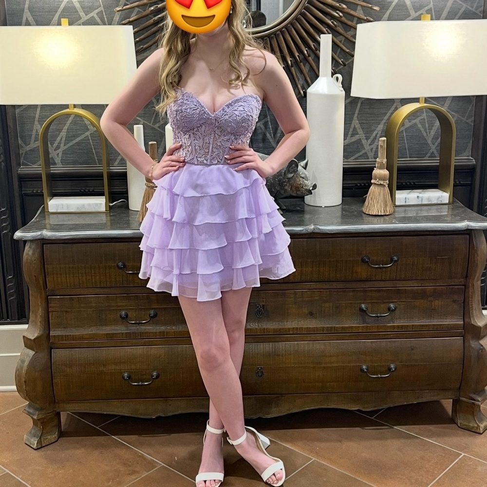 Sherri Hill Lilac Lace Tiered Dress